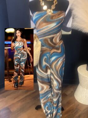 Swirl Print Strapless Pants Set in Blue and Brown